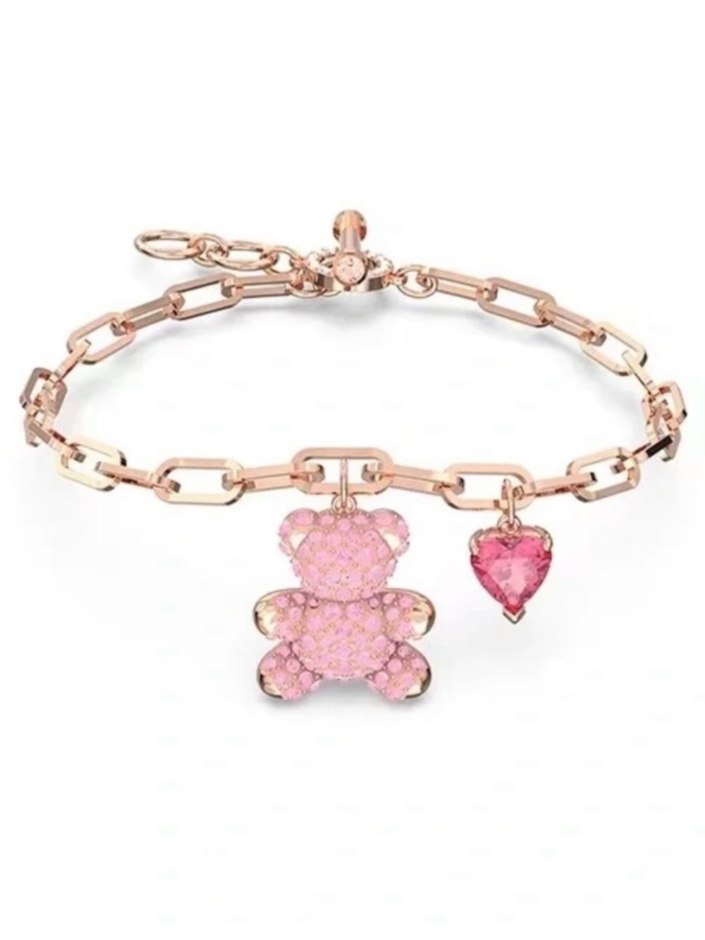 Swarovski Rose Gold Chain Bracelet with Pink Teddy & Heart Charms